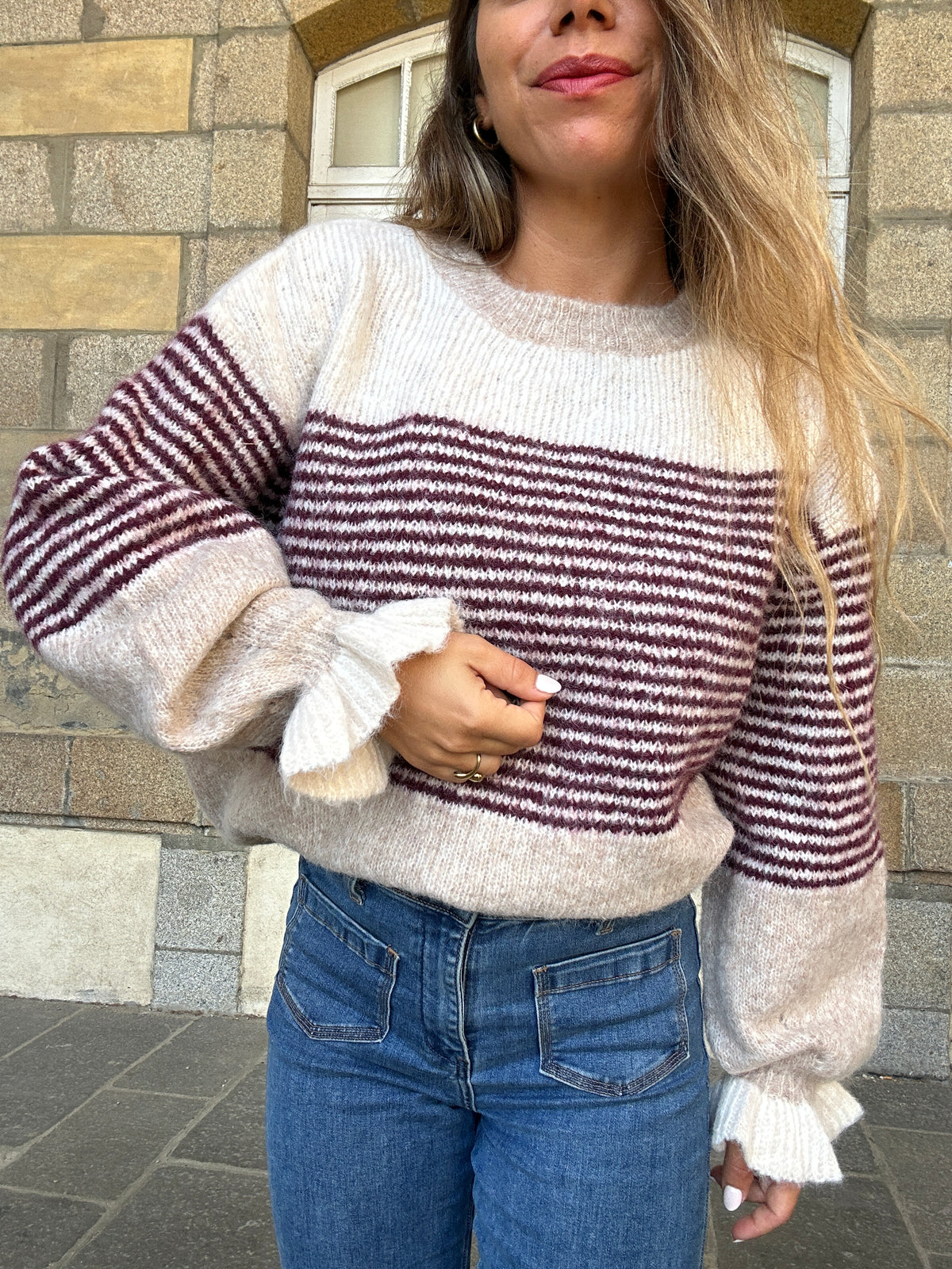 Pull Soline Taupe rayé Bordeaux