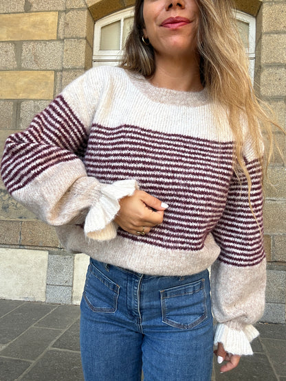 Pull Soline Taupe rayé Bordeaux