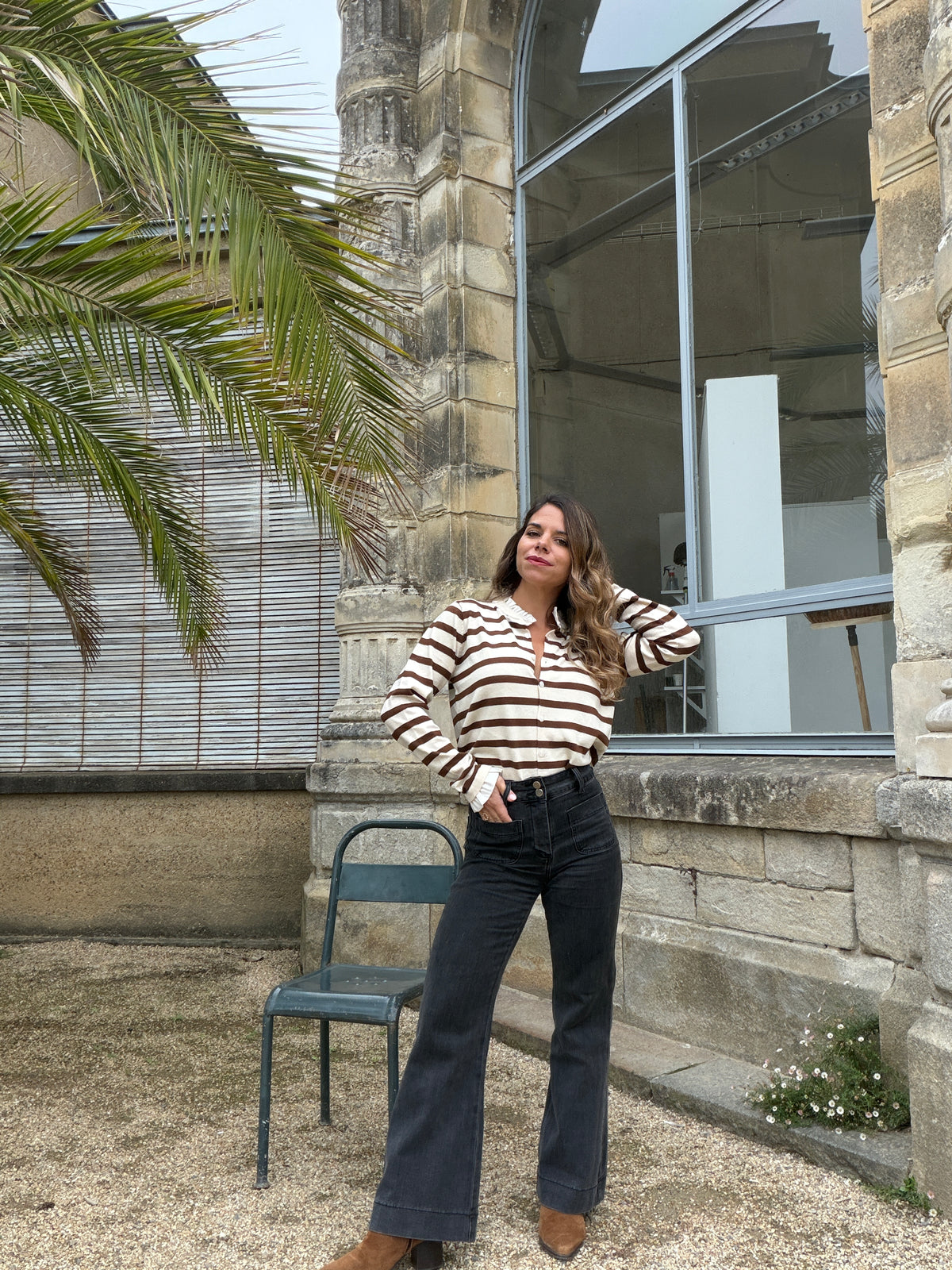 Cardigan Amandine rayé écru et marron
