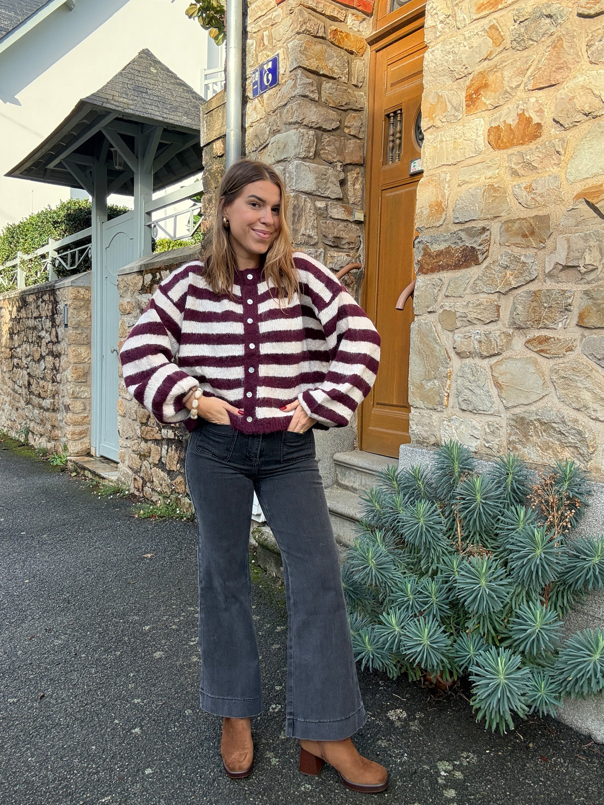 Cardigan Véra rayé bordeaux