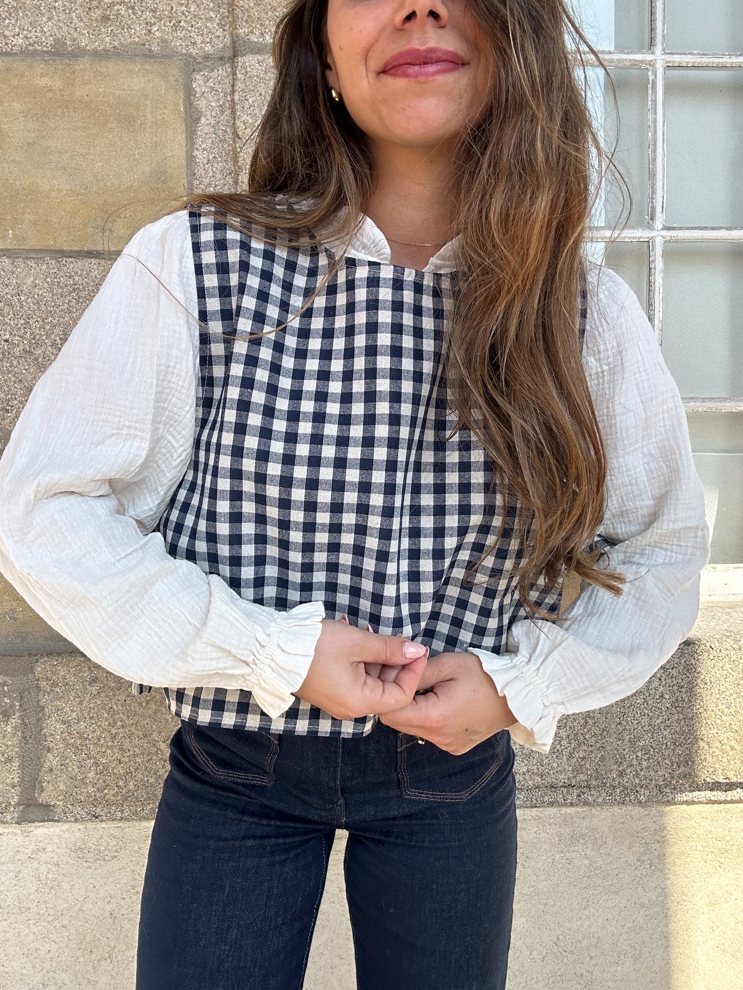 Pull fin sans manche avec nœuds vichy Angèle