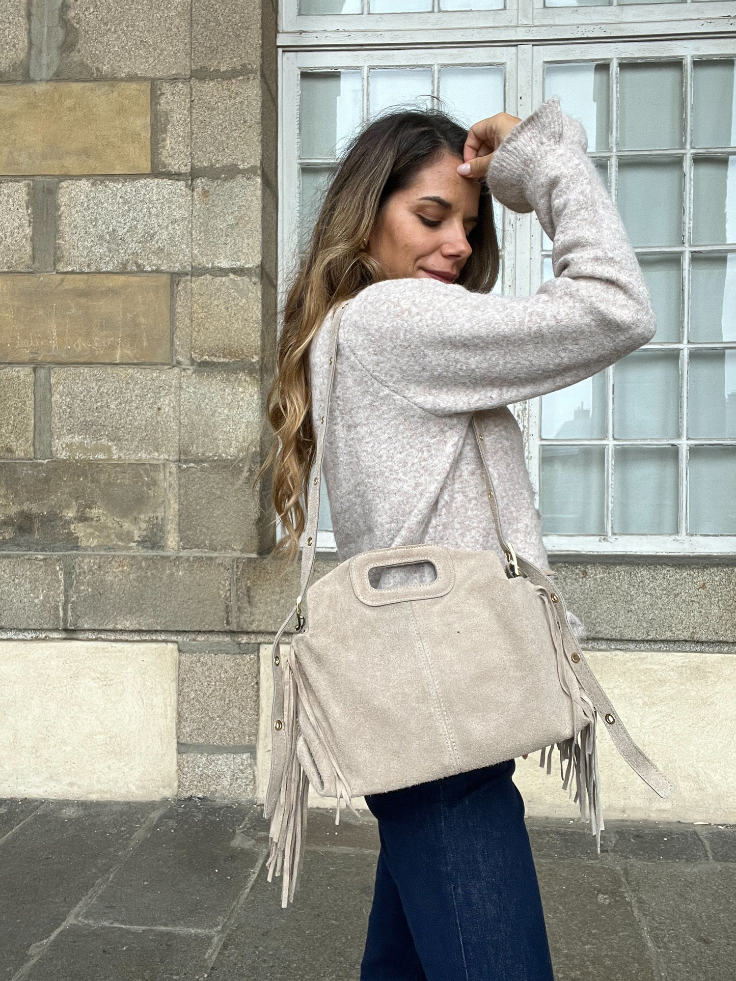 Grand sac à main en cuir Jodie beige