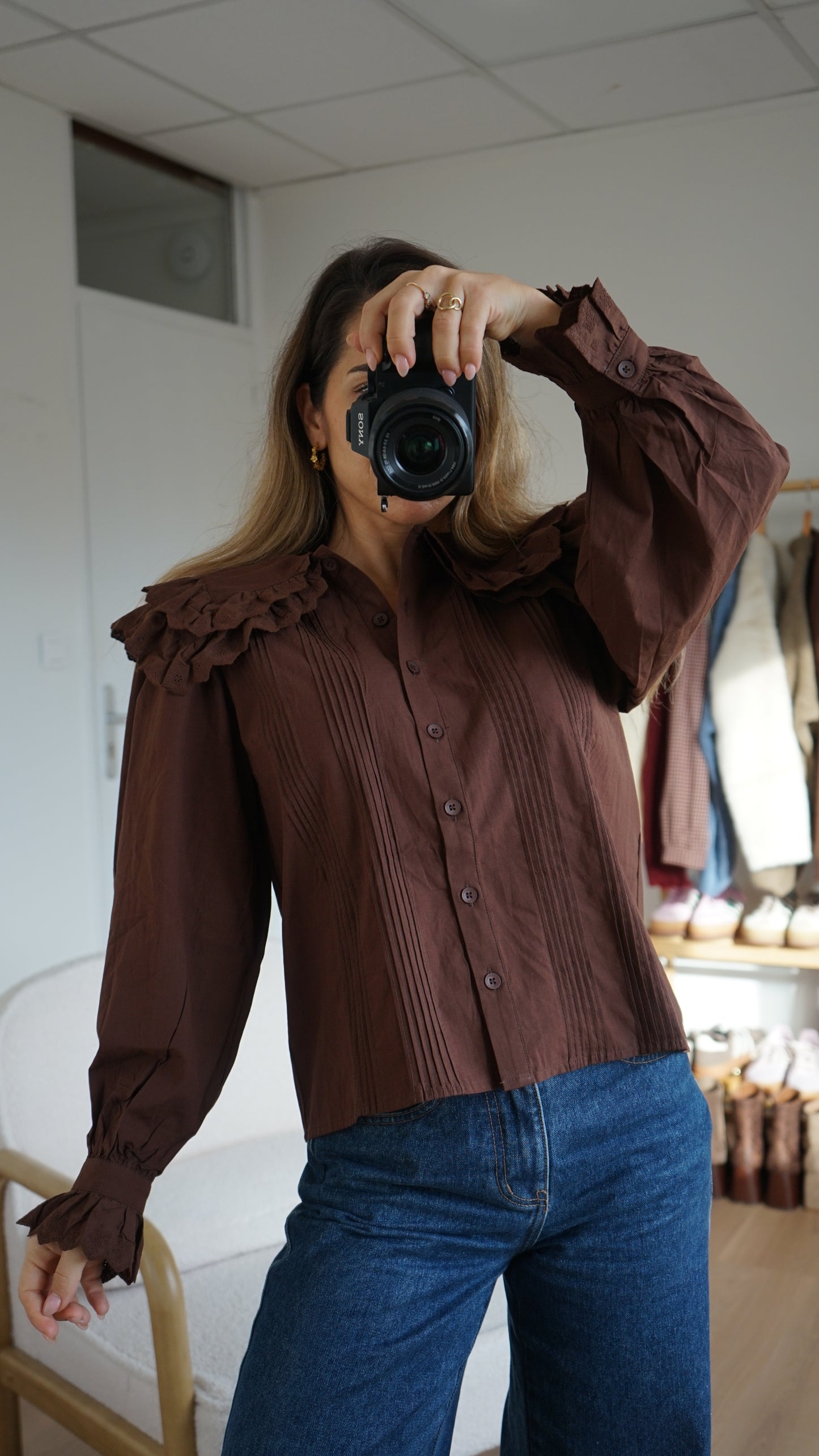 Blouse à col large chocolat Agnès