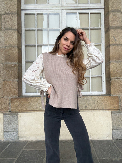 Pull sans manches à noeuds taupe Valentine
