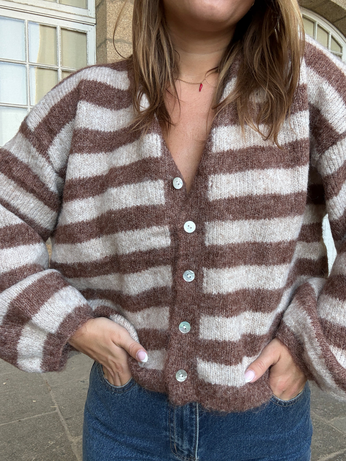 Cardigan Véra rayé camel et beige