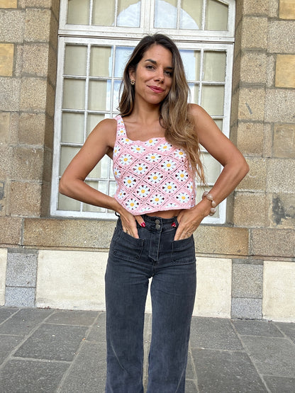 Top en crochet Marguerite rose