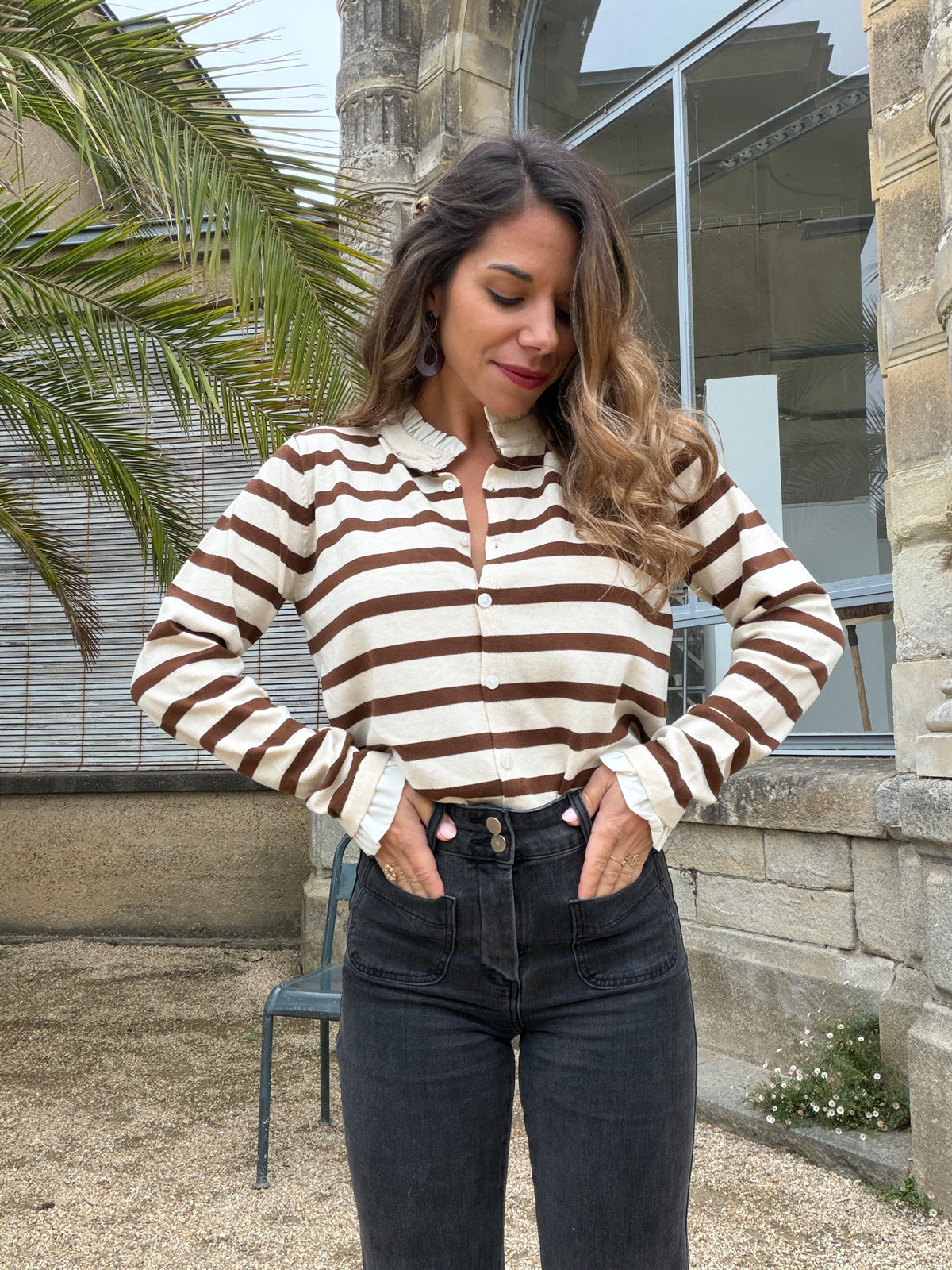 Cardigan Amandine rayé écru et marron