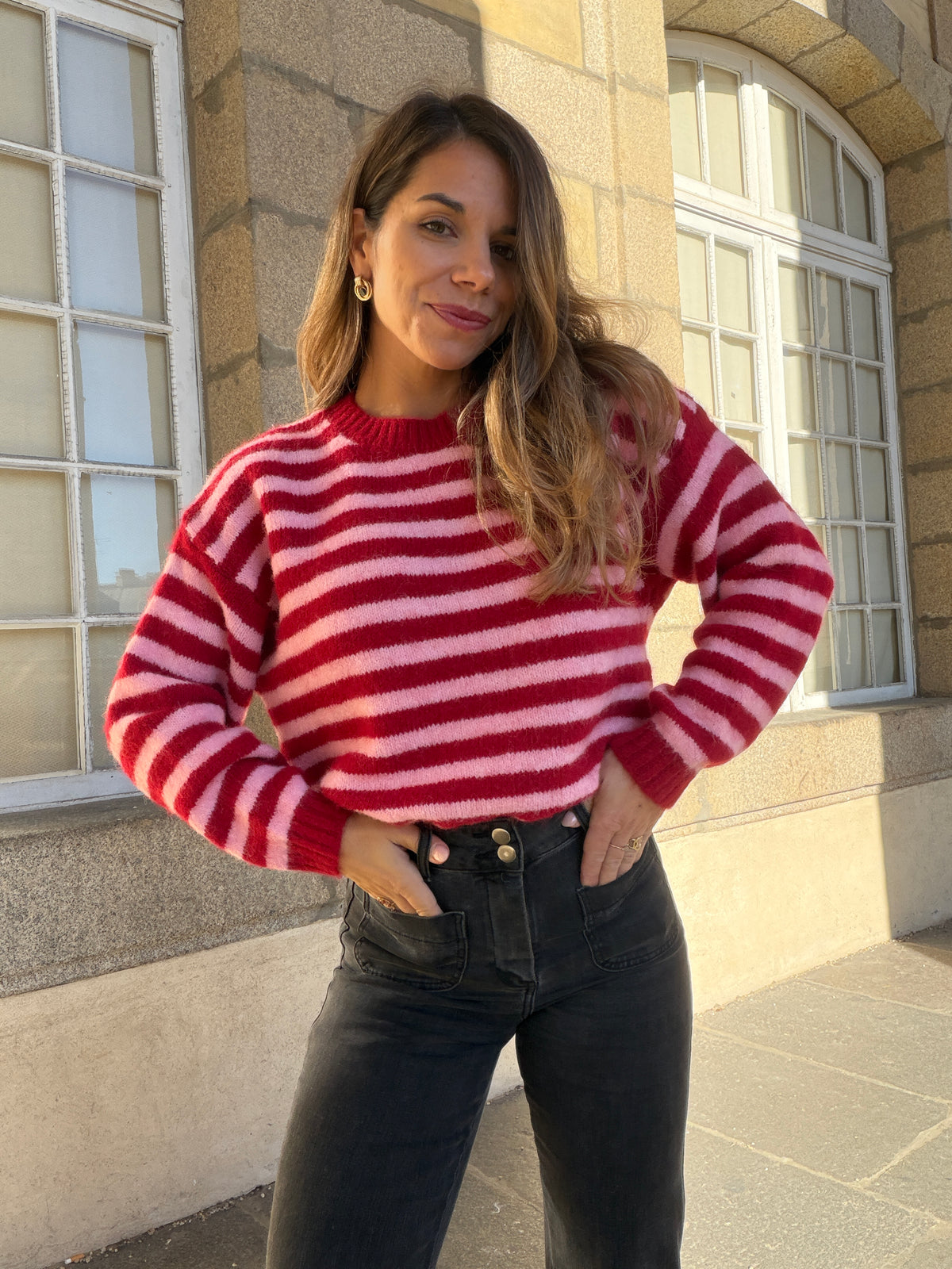 Pull à rayures Suzie rouge et rose