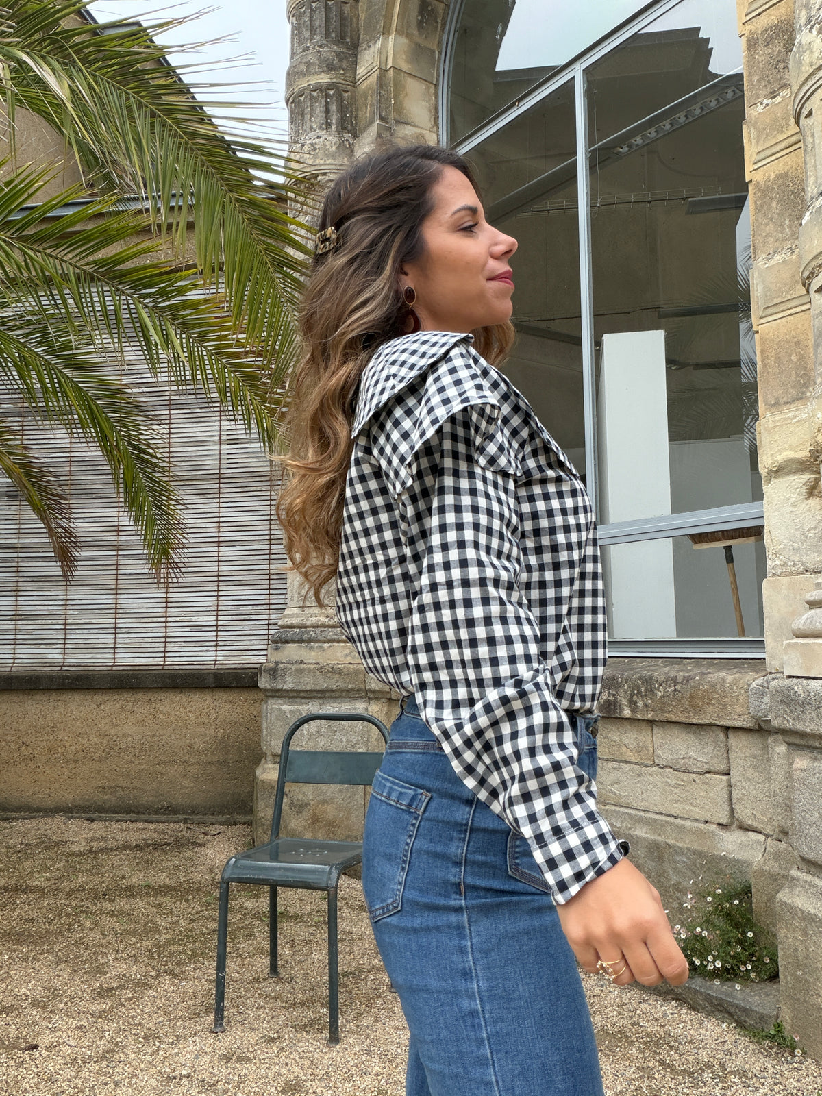 Blouse Vichy avec un grand col Sixtine bleu marine