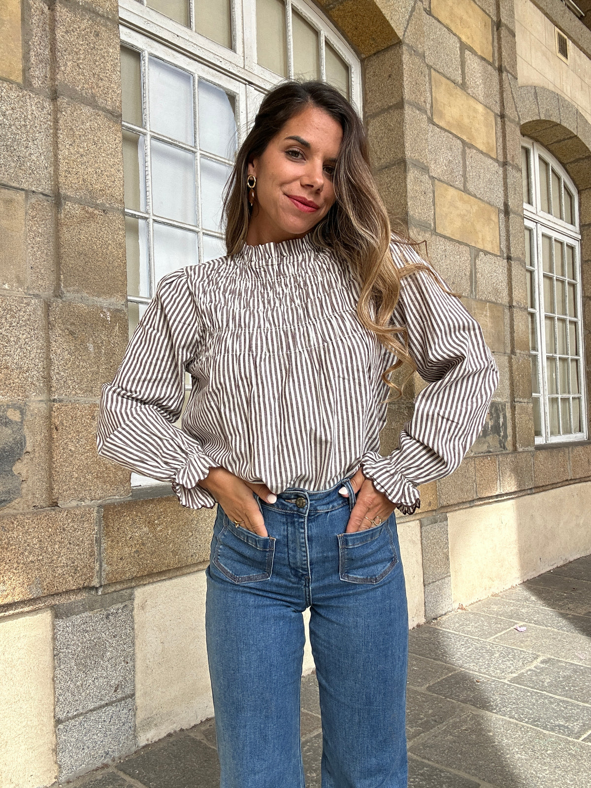 Blouse à rayures smockée marron Chloé