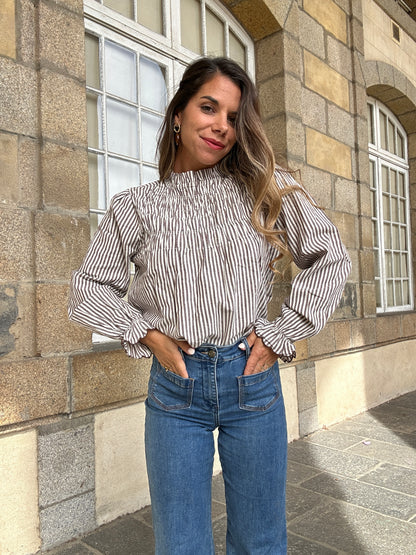 Blouse à rayures smockée marron Chloé
