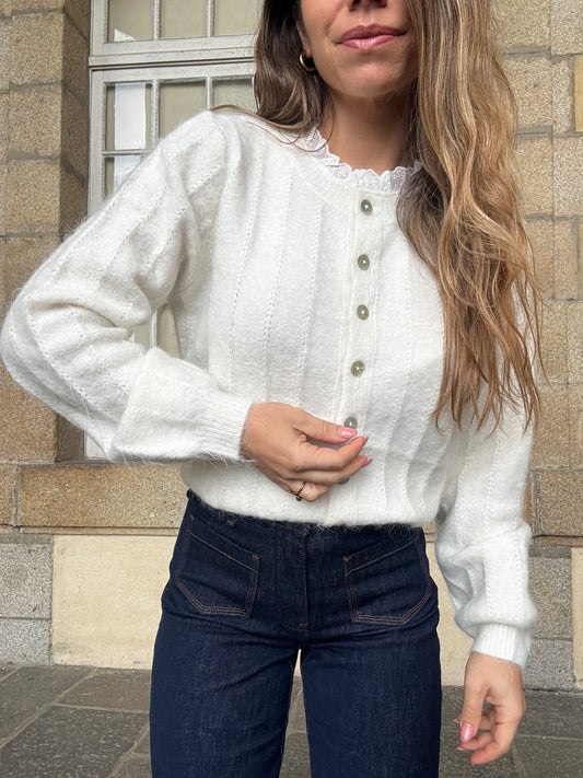 Cardigan Lola blanc à col dentelle