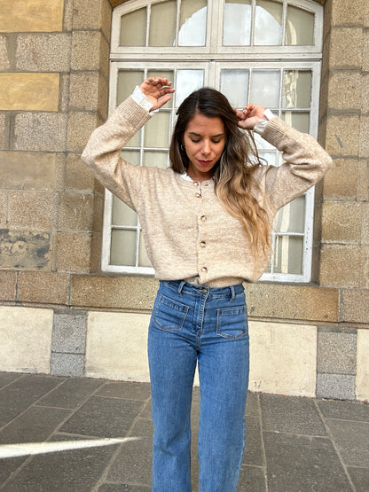 Cardigan Gabrielle taupe à col dentelle