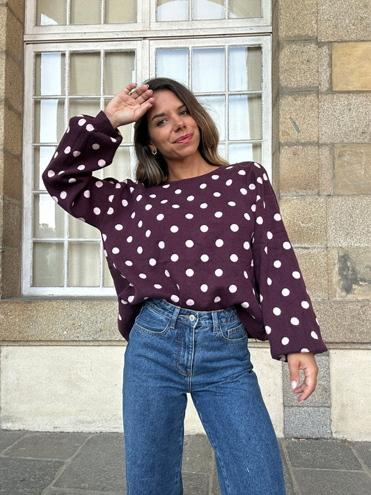 Pull à pois en laine Zélie bordeaux