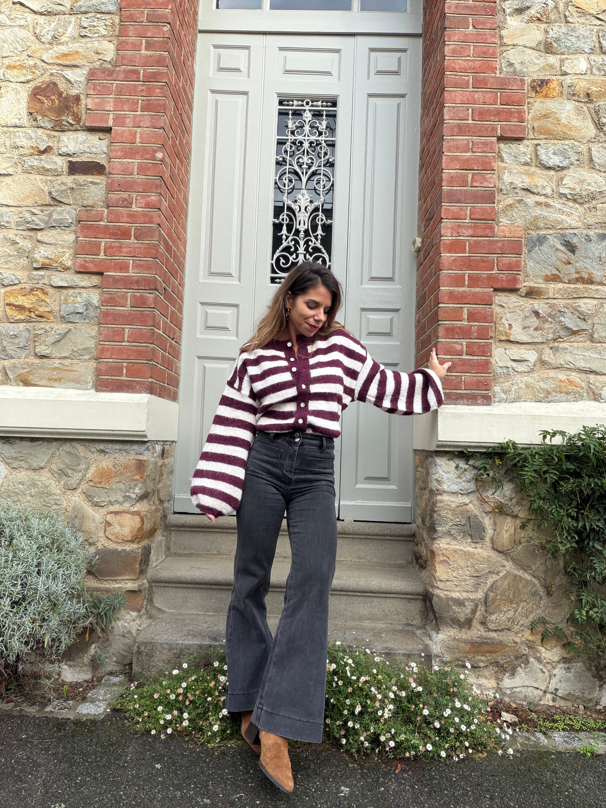 Cardigan Véra rayé bordeaux