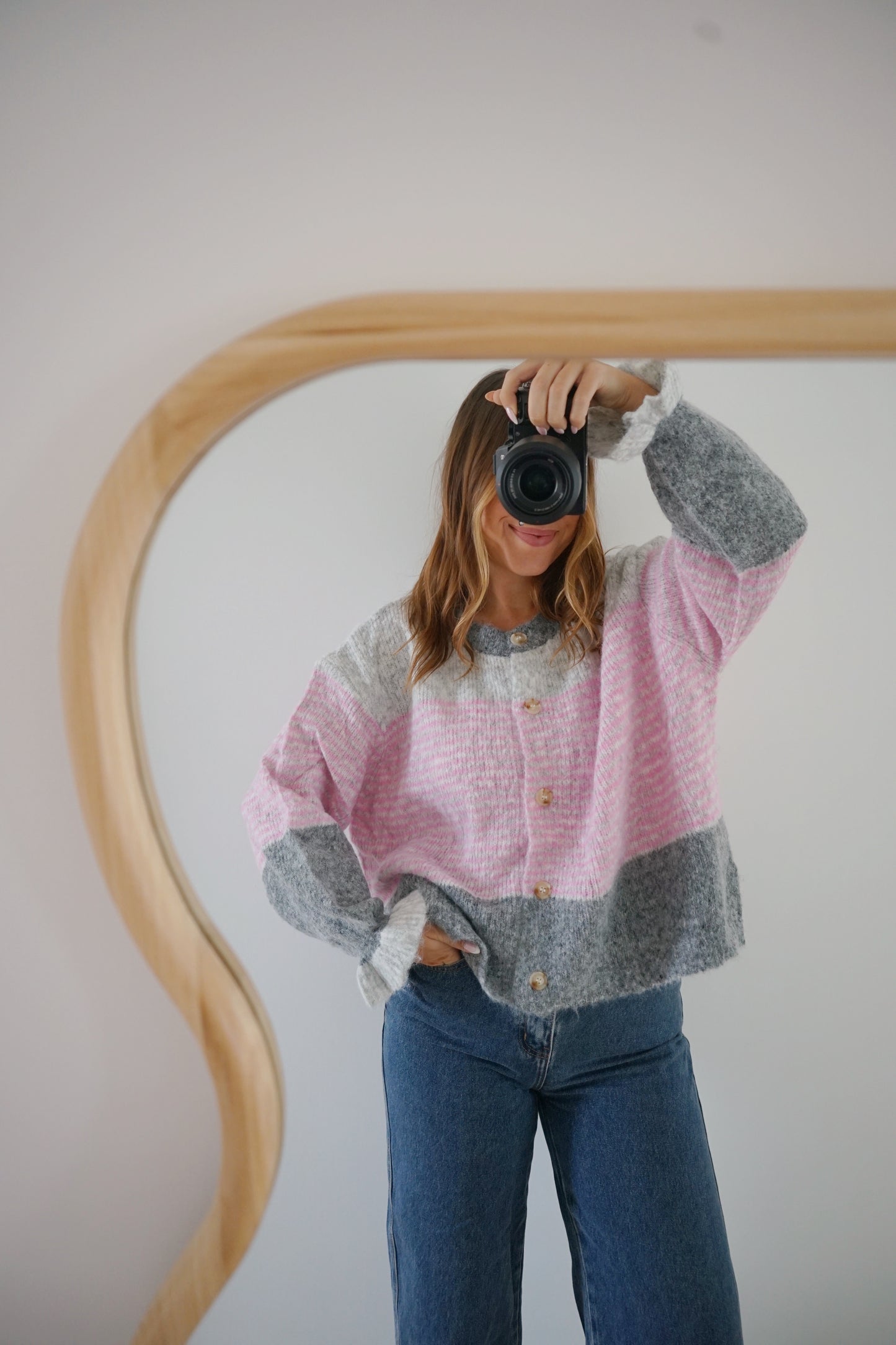 Cardigan Marisol Gris rayé rose