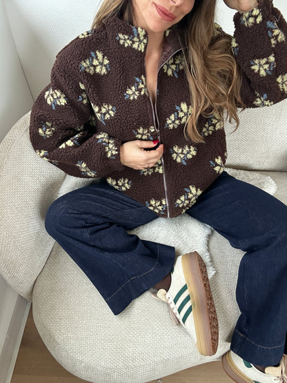 Veste moumoute fleurie chocolat Eva