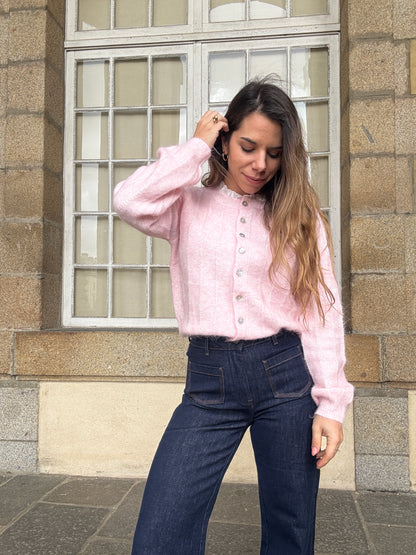 Cardigan Lola baby rose à col dentelle