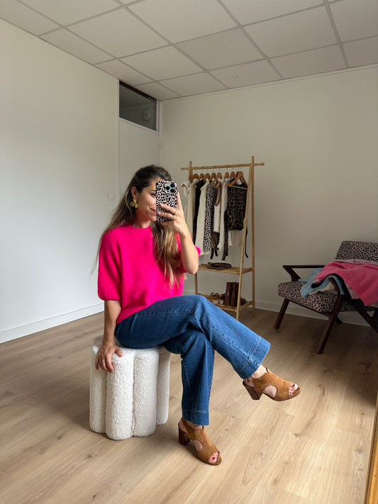 Maille en laine à manches courtes Brune fuschia