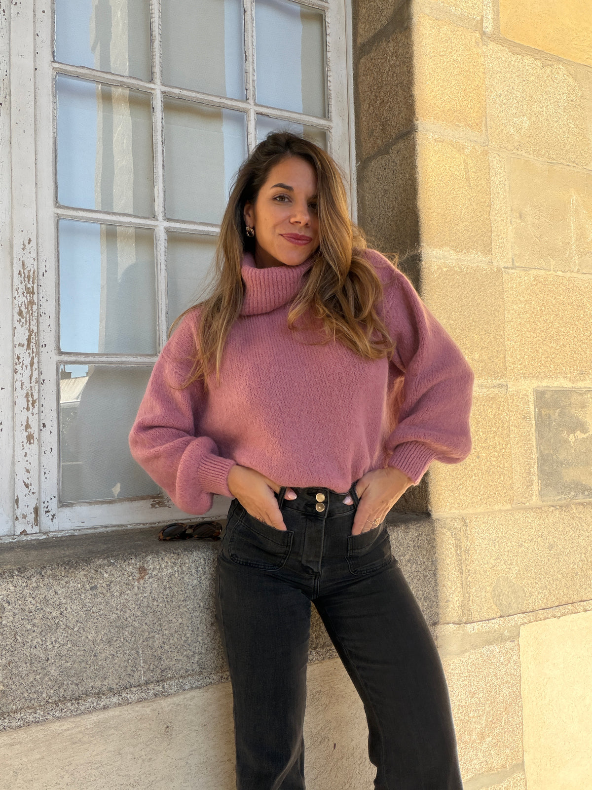 Maille col roulé en mohair et laine Faustine vieux rose