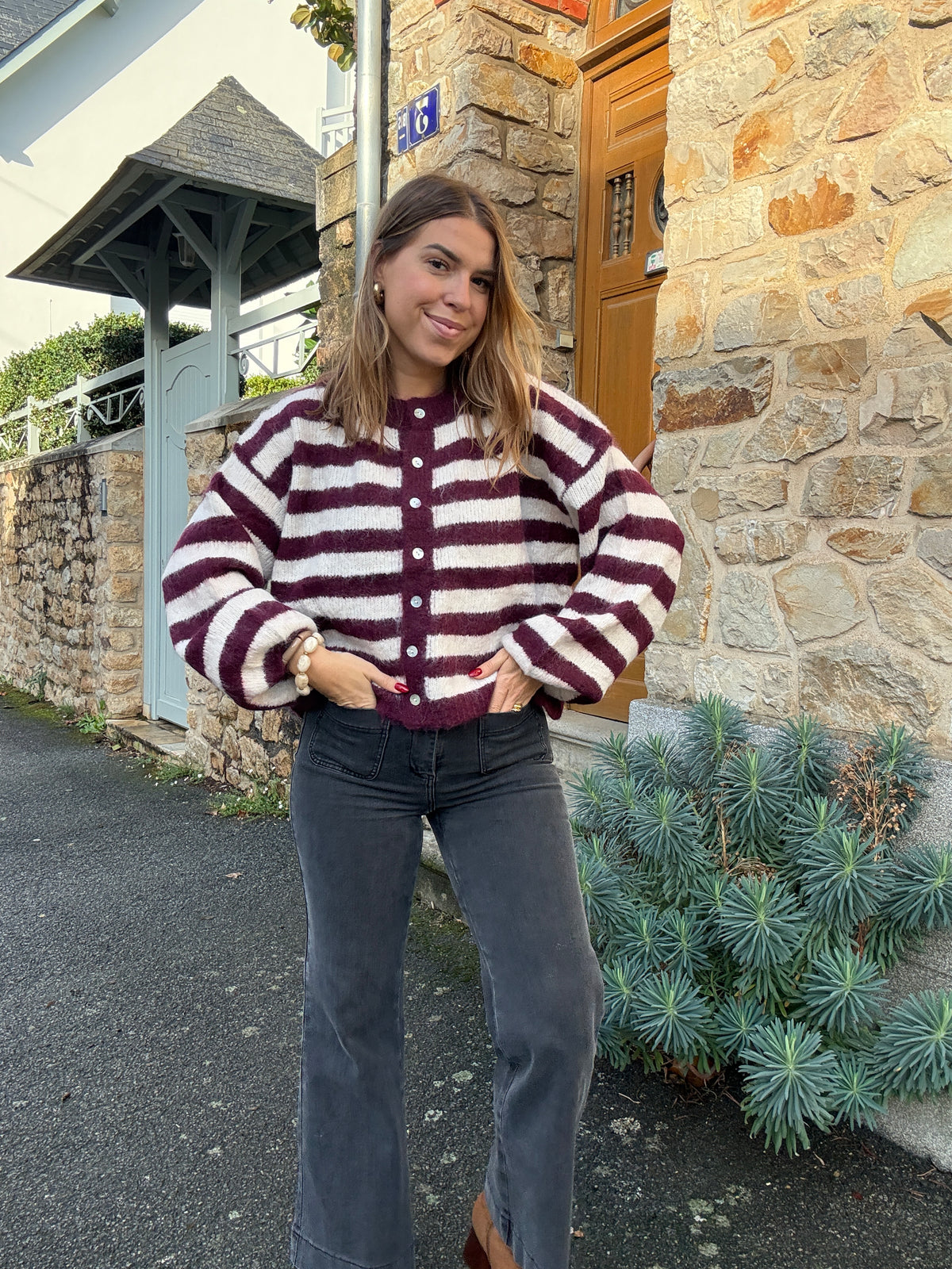 Cardigan Véra rayé bordeaux