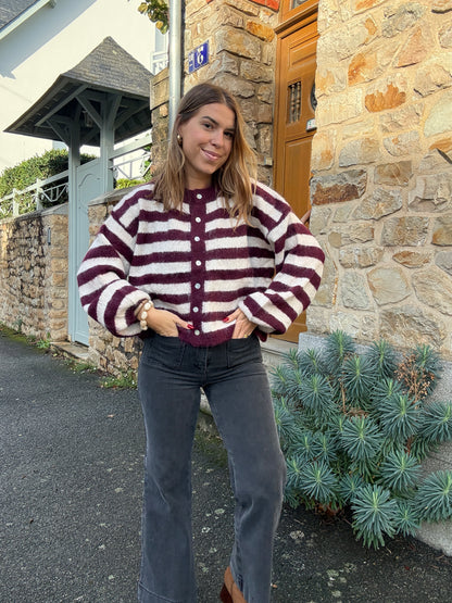 Cardigan Véra rayé bordeaux