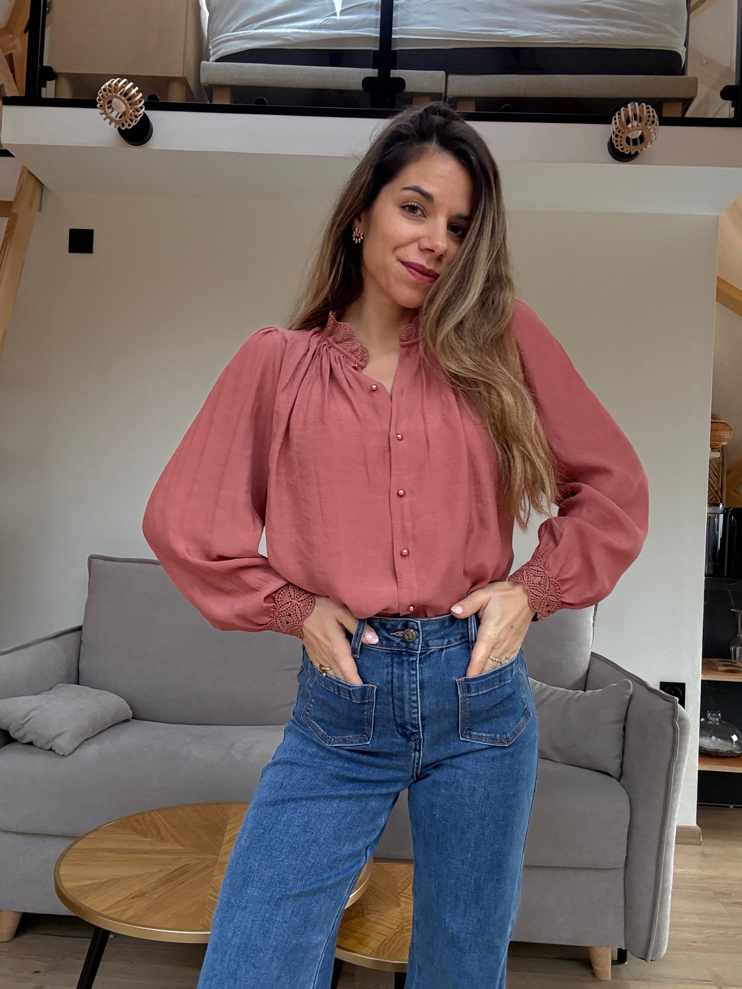 Blouse brodée Maïwenn bois de rose