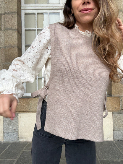 Pull sans manches à noeuds taupe Valentine