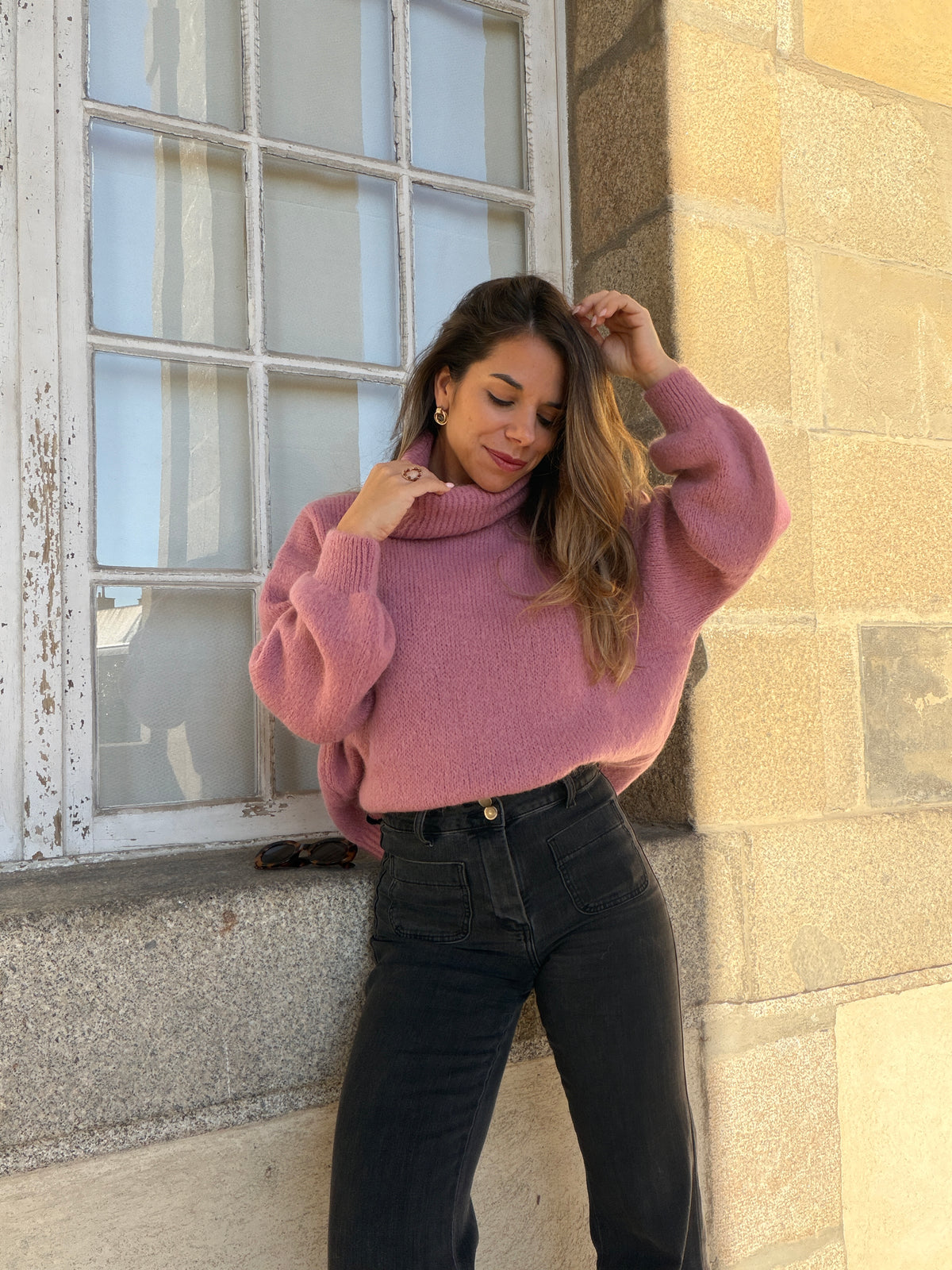 Maille col roulé en mohair et laine Faustine vieux rose