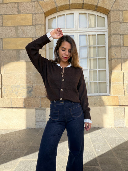 Cardigan Gabrielle chocolat à col dentelle