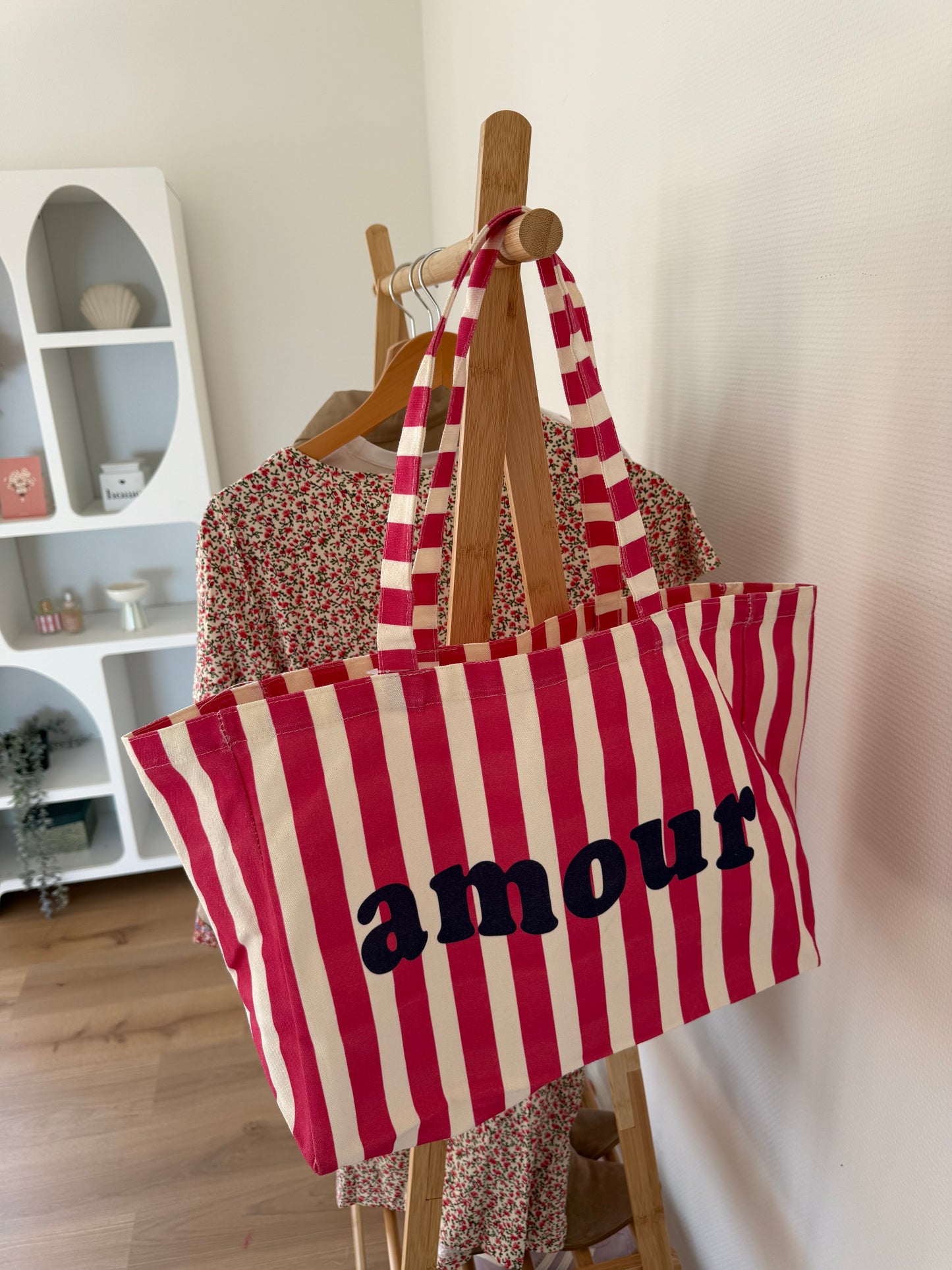 Sac cabas Amour rayé fushia