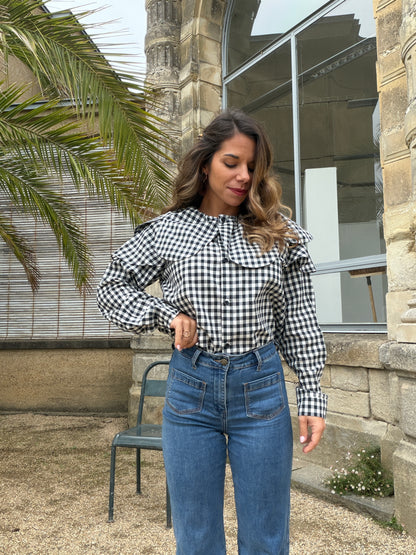 Blouse Vichy avec un grand col Sixtine bleu marine