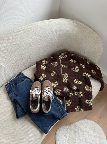 Veste moumoute fleurie chocolat Eva