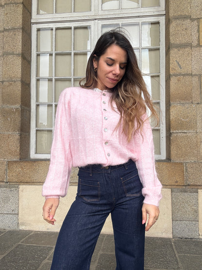 Cardigan Lola baby rose à col dentelle