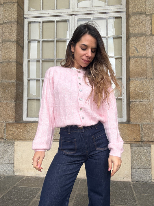 Cardigan Lola baby rose à col dentelle