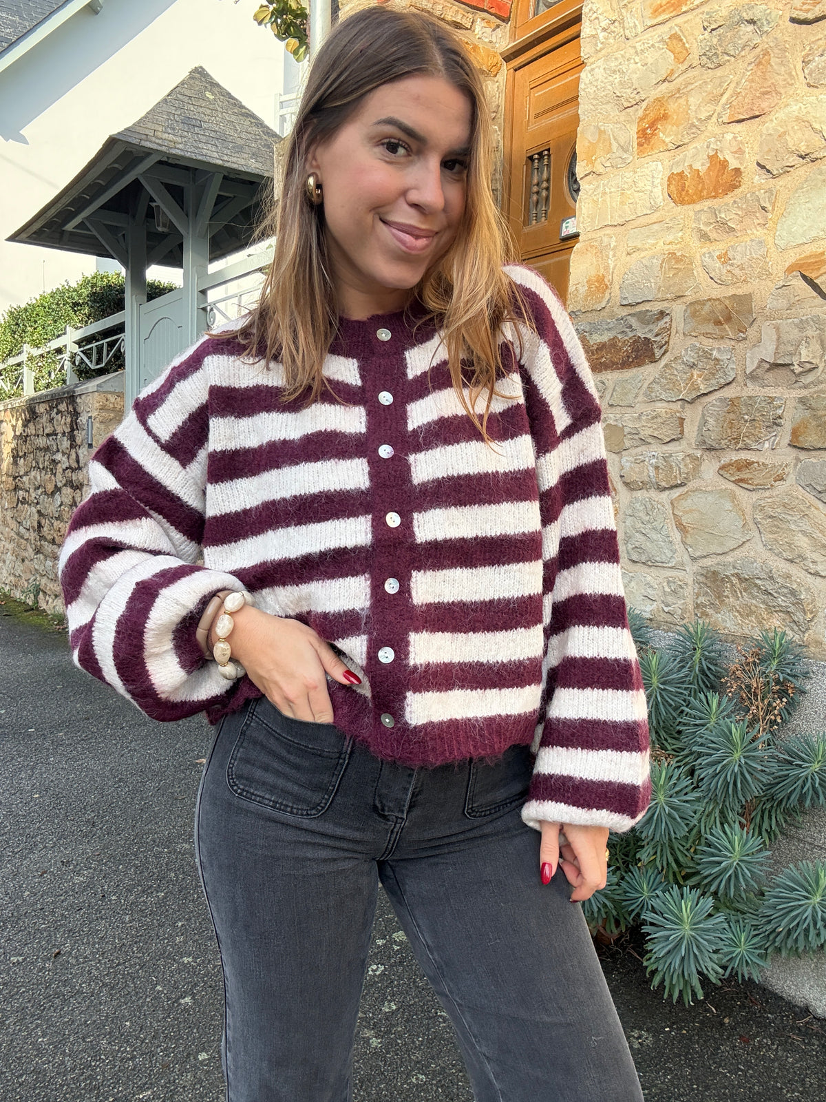 Cardigan Véra rayé bordeaux