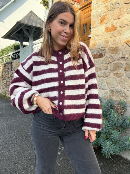 Cardigan Véra rayé bordeaux