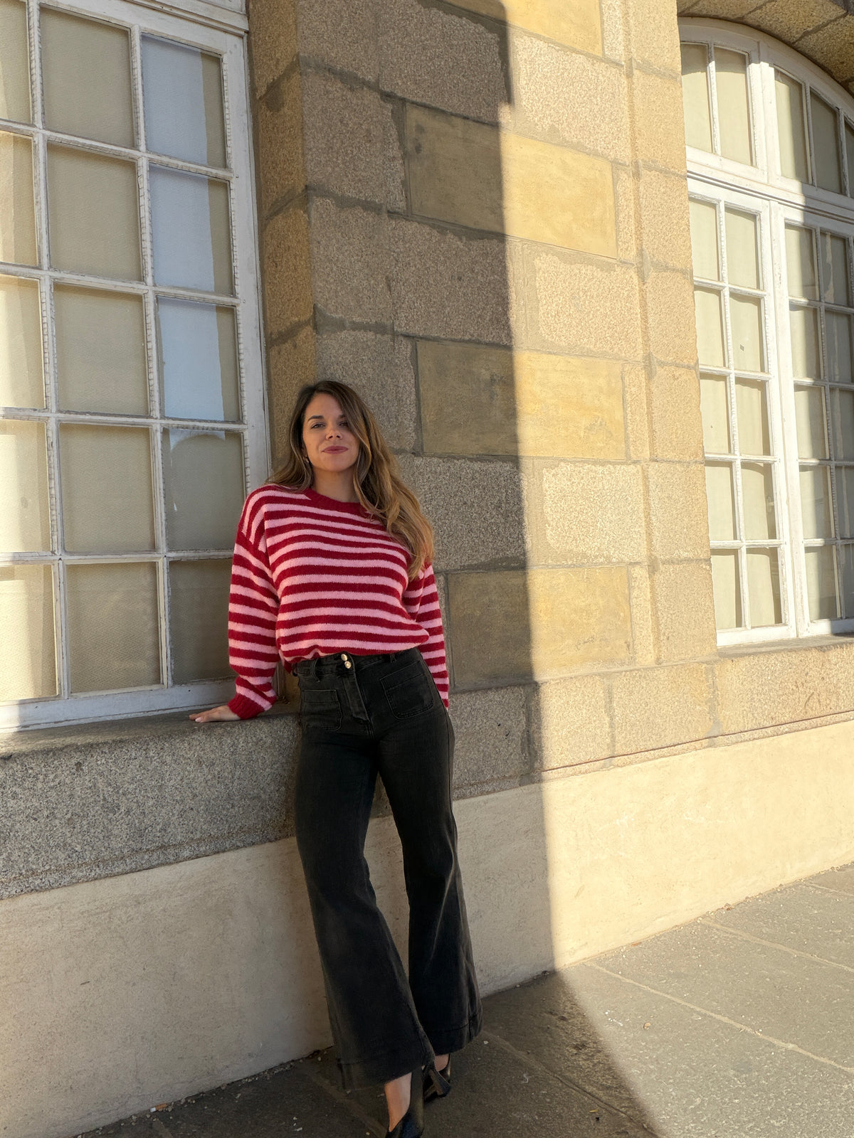 Pull à rayures Suzie rouge et rose