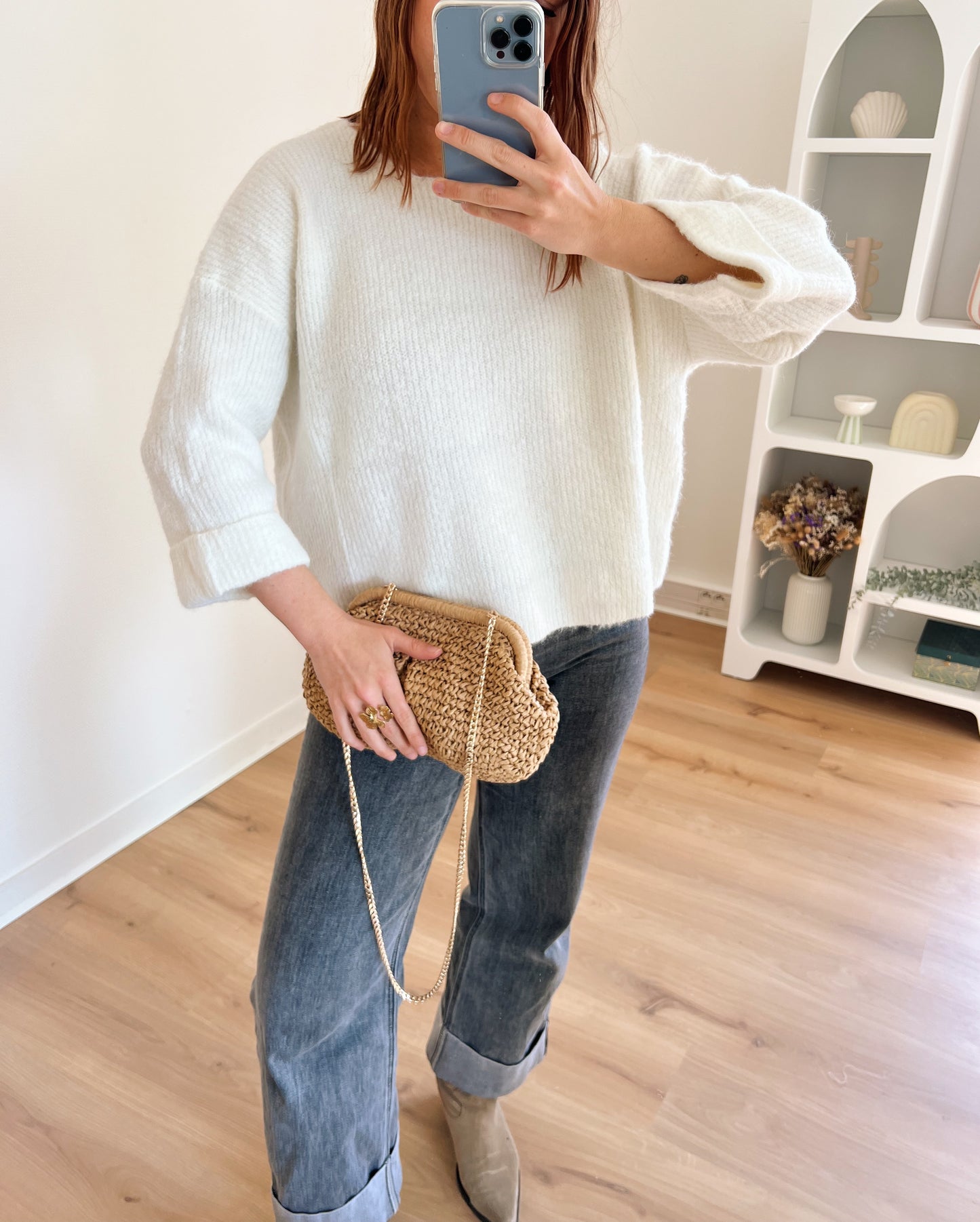 Sac bourse en raffia beige Lino