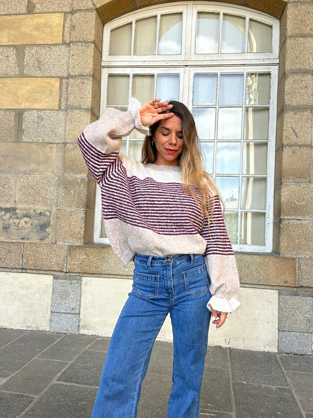 Pull Soline Taupe rayé Bordeaux