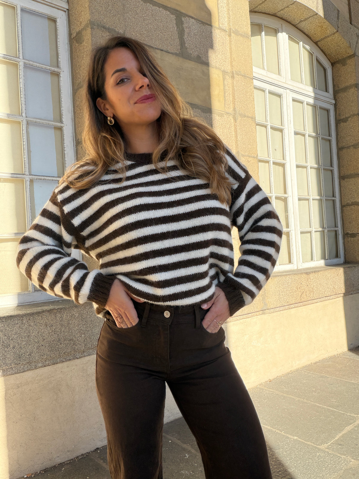 Pull à rayures Suzie marron et beige