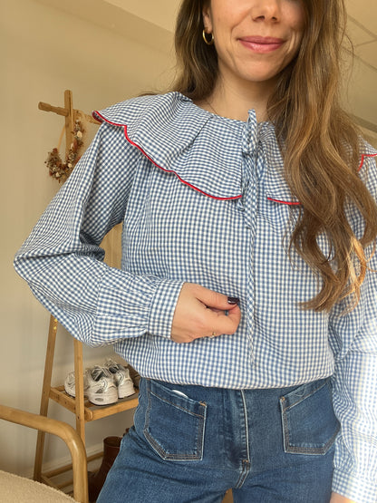 Blouse à col large Solveig VICHY bleue