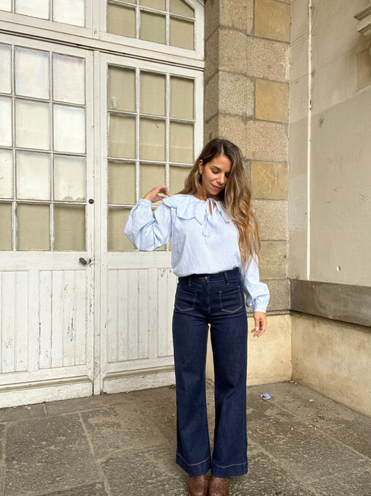 Blouse à col large Solveig blue stripes