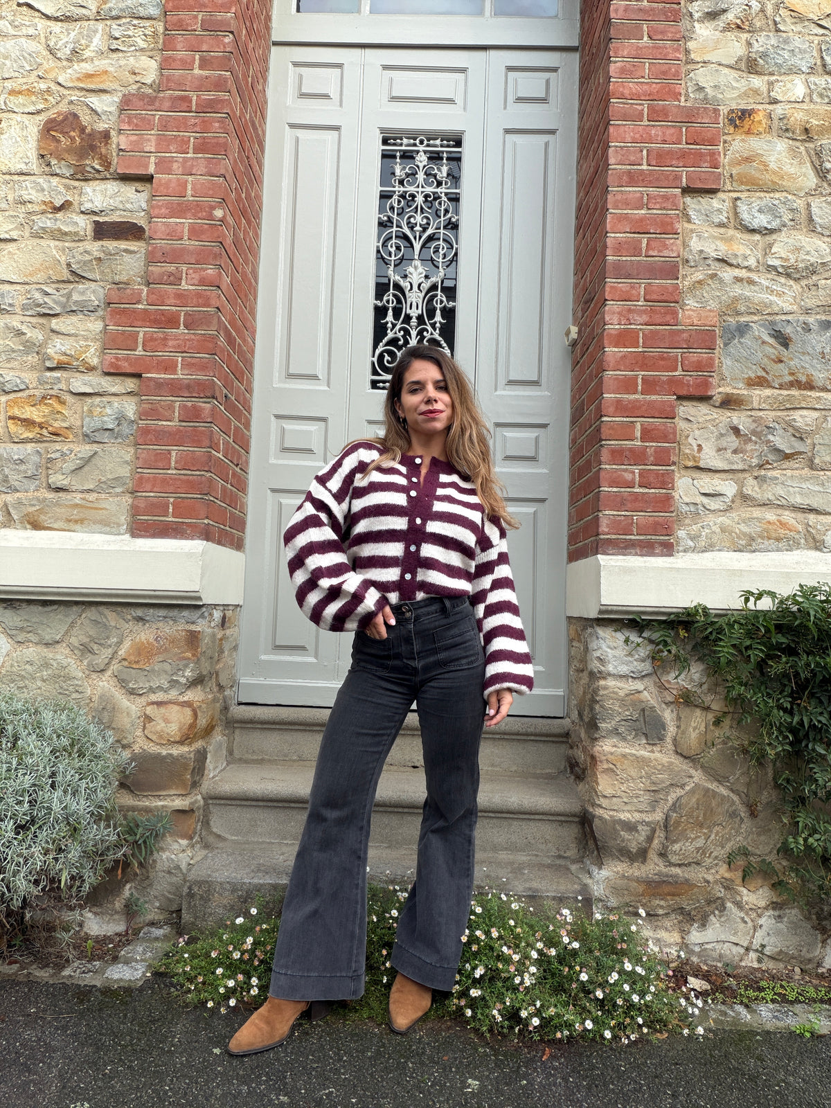 Cardigan Véra rayé bordeaux
