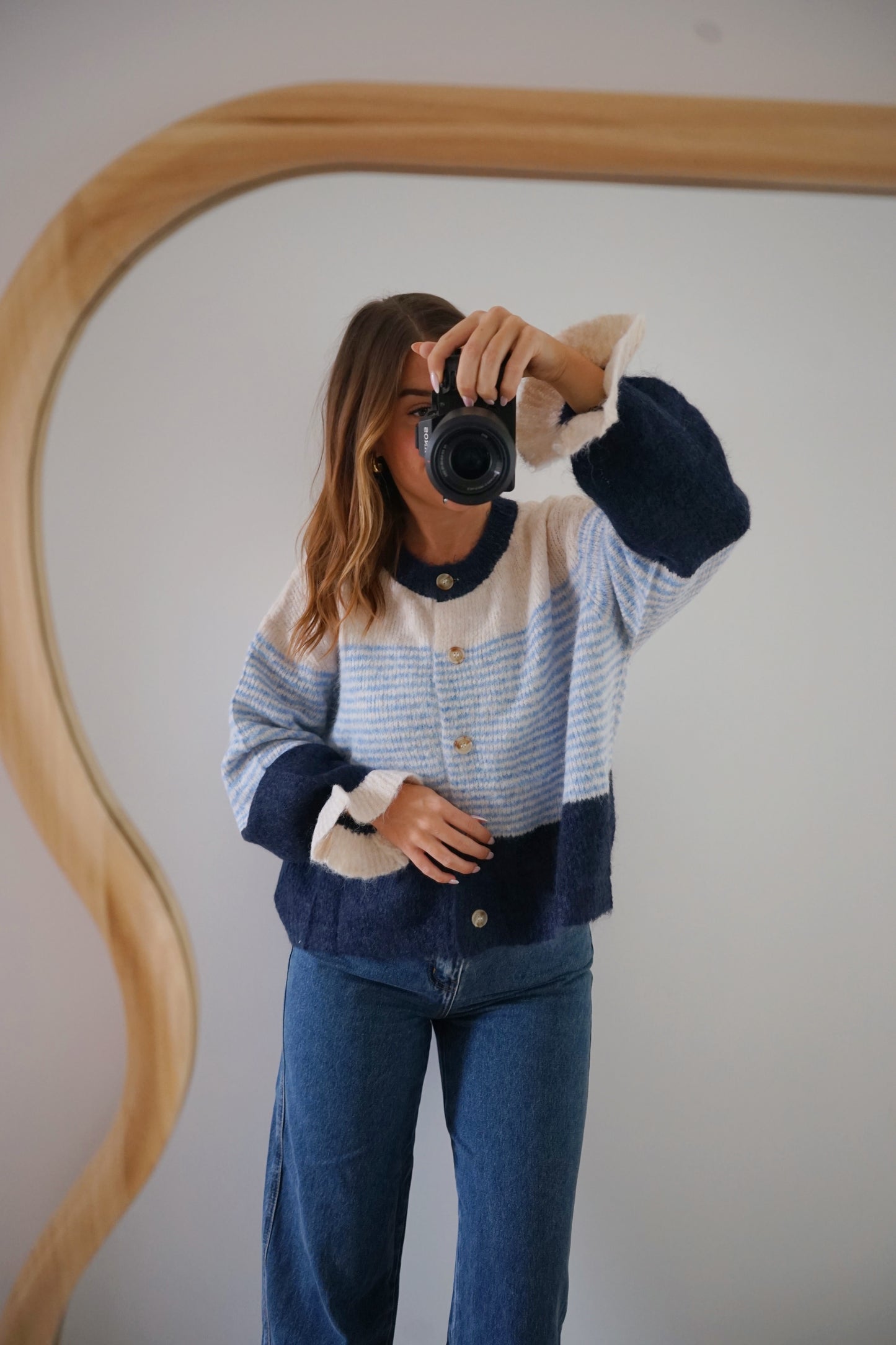 Cardigan Marisol blanc rayé bleu marine