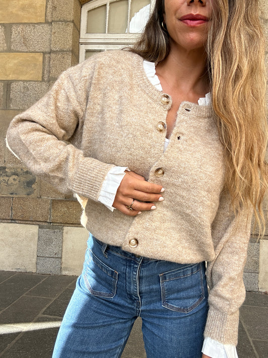 Cardigan Gabrielle taupe à col dentelle