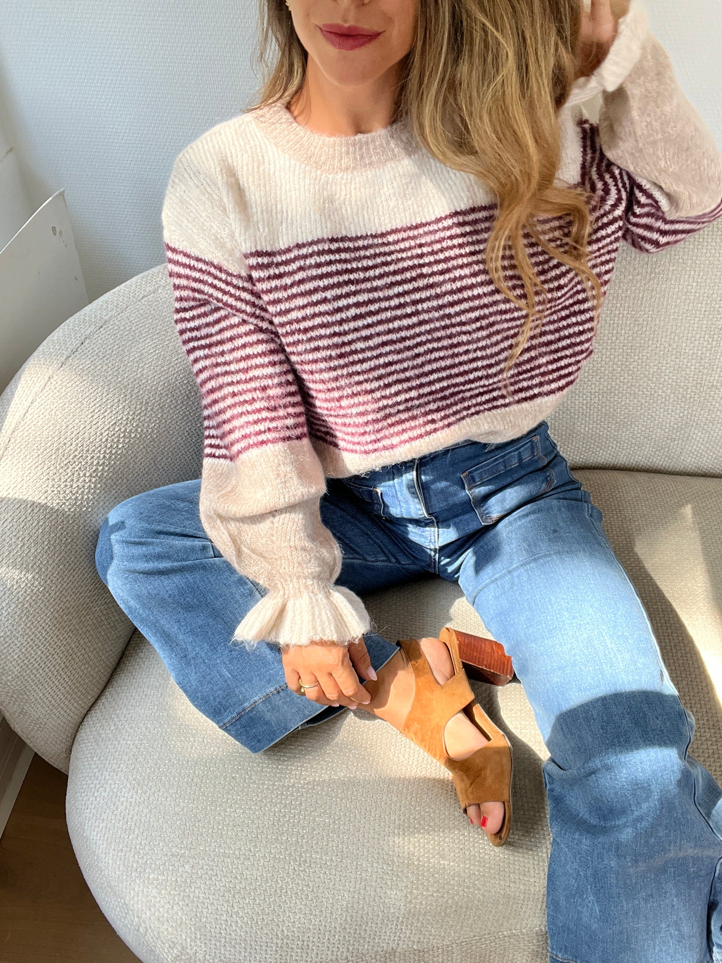 Pull Soline Taupe rayé Bordeaux