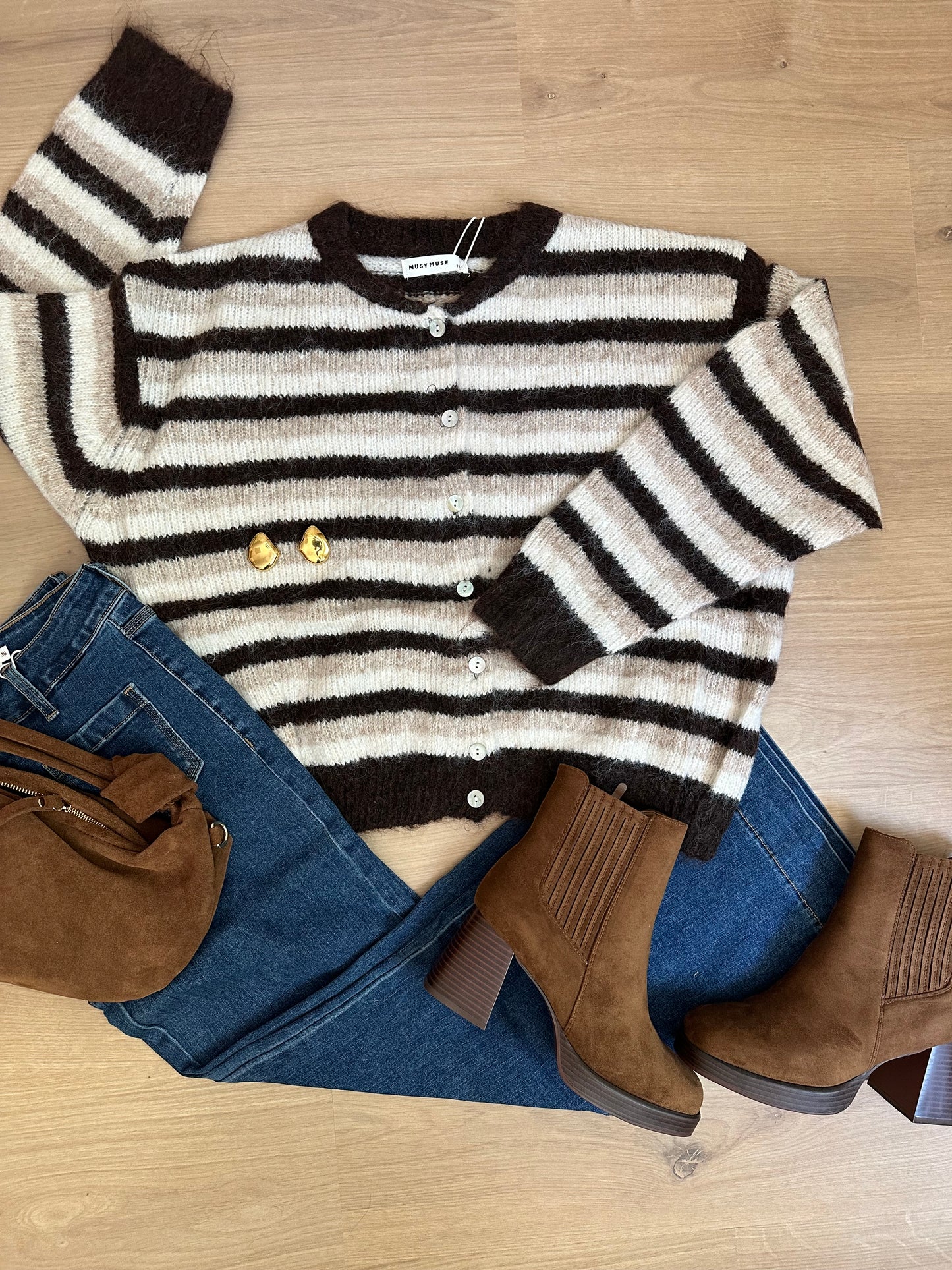 Cardigan Daniella rayé marron beige et blanc