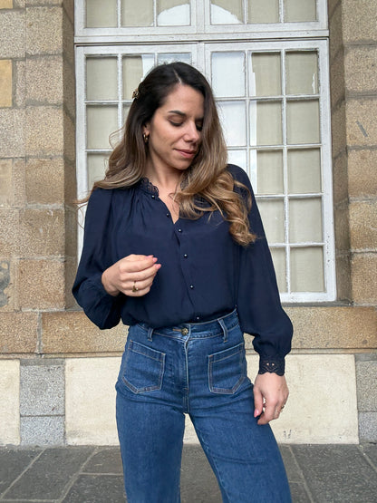 Blouse brodée bleue marine Maïwenn