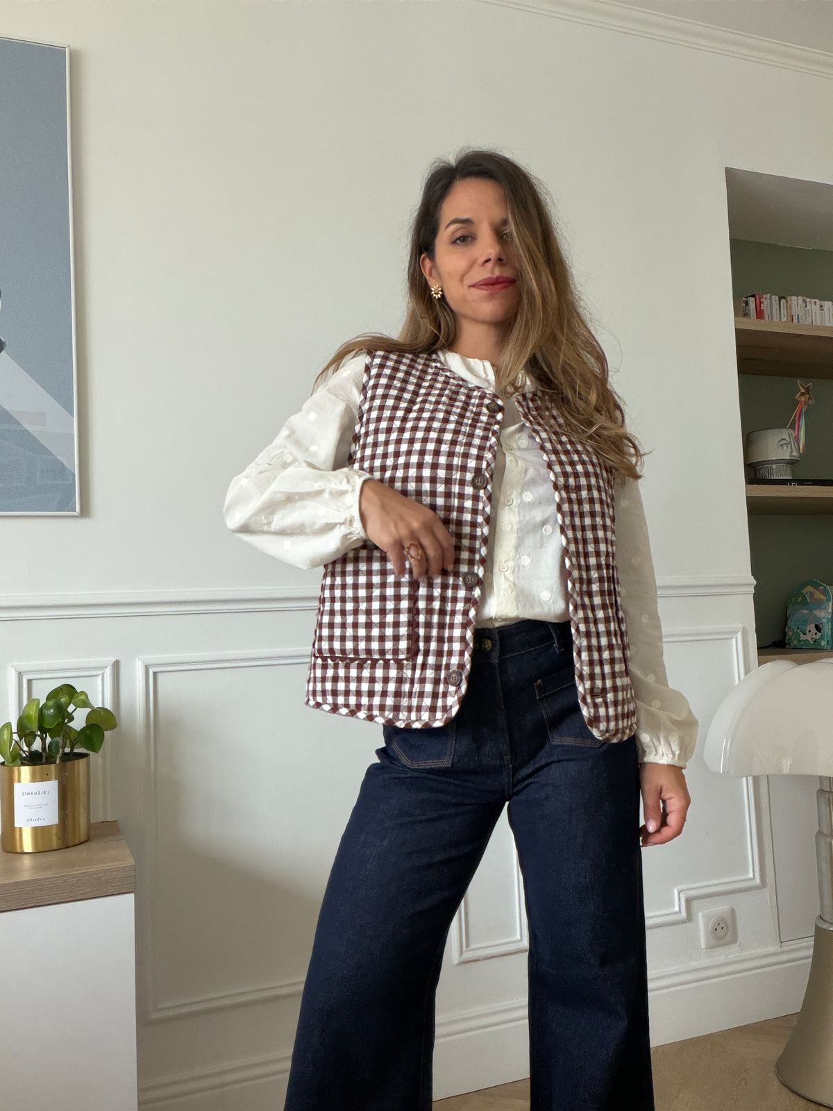Gilet sans manches réversible vichy chocolat Apolline